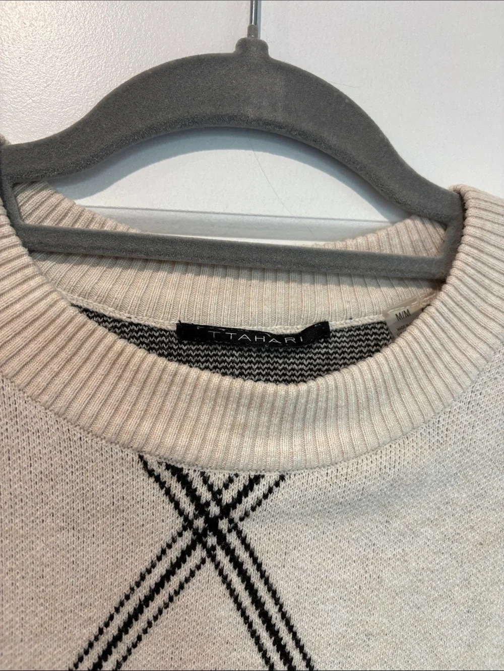 Tahari Cream Crewneck Sweater with Black Diamond Stripe